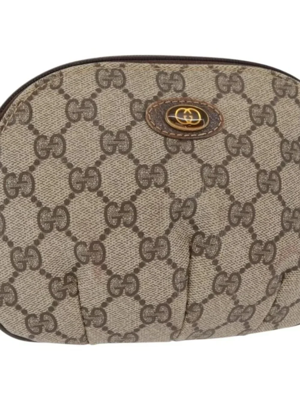 GUCCI GG Canvas Pouch PVC Leather Beige Gold 378 039 4492 Auth ti3588